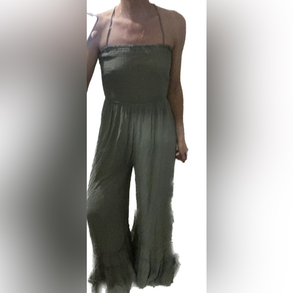 One Piece Smocked Jumper Wide Leg Ruffled Open Back Halter Tie Neck Size S